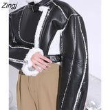 2023 New Autumn And Winter Turn-down Collar Full Sleeves PU Leather Flocking Waist Jacket Female Coat Tide Warm