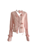 Women's Pink Blouse Shirt Long Sleeve Tops 2023 Korean Fashion Shirt Y2k Loose V-Neck Floral Shirt Ladies Chic Elegant