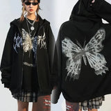 Gothic Streetwear Skeleton Print Oversize Hoddie Women Punk Harajuku Hip Hop Zipper Sweatshirt Female Mall Goth