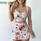 Women V-Neck Floral Print Spaghetti Strap Crop Top & Skirts Sets Casual 2 Pieces