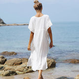 Queens Women White Short Sleeve Deep V-neck Beach Lace Tassel Bohemian Maxi Dress Ladies Boho Sundress Cover-up