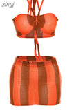 Crochet Striped 2 Piece Set Women Summer Halter Bandage Wrapped Chest Crop Tops+Skirts Vacation Party Clubwear