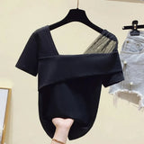 Women Sets Mesh Patchwork Slash Neck Tops + Asymmetric Skirt 2 Piece Suit Female Party Suits Elegant Casual Two Piece