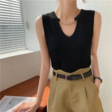 Summer V-Neck Knit Slim Tank Top Female Solid Casual Sleeveless Camisole Crop Top