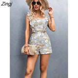 Elegant Sexy Backless Tie Ruffled Floral Print Jumpsuits Women's Summer Playsuits 2022 New Elastic Waist Shorts
