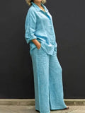 Women Autumn Linen Lapel Shirt Two Pieces Set Vintage Solid Long Sleeve Button Blouse and Loose Straight Pants Casual