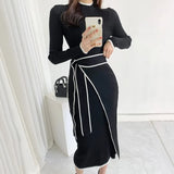 Patchwork Slim Woman Dress Vintage Full Sleeve Knitted Midi Dress Women Autumn Winter Elegant Sweater Knit Dress