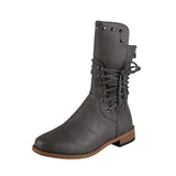 New British Style Knight Boots Ladies Autumn Solid Color Lacing Fashion Boots Women Plus Size Rivet Leather Botas Mid