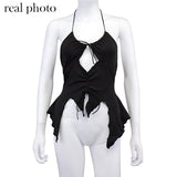 2000s Aesthetics Sexy Ruffles Cut Out White Tank Tops Y2K Fashion Bandage Hollow Out Halter Top Drawstring Clubwear