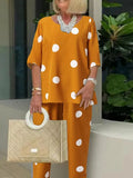 Summer Women Loose Sets Retro Short Sleeve O Neck Pullover Top and Pocket Solid Trousers Suit Ladies Casual Print 2