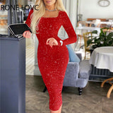 Women Elegant Suqare Collar Long Sleeves Glitter Midi Bodycon Sexy Party Red