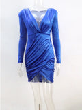 Sexy Solid Shine Velvet Ruched Irregular Mini Dress Women Long Sleeve Deep V Neck Bodycon Night Clubwear