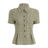 Cloth Forget British Wind Wood Ear V-Neck Check Shirt Temperament Waist Button Bubble Sleeve