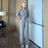 Women 3pcs Sets Cropped Single-Breasted Cardigan Elastic HIgh Waist Drawstring Soft Breathable Wide Leg Pants Casual Female