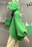 Clothes Sweatshirt Y2k Hooded Long Sleeve Pullovers Korean Fleece Thick Oversize Women Green Tops Dinosaur