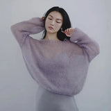 Vintage Hollow Out Thin Sweaters Women Sexy Slash Neck Knit Pullovers Korean Sweet Elegant Loose Soft Sweatshirt Tops