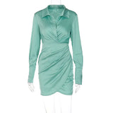 Satin Shirt Dress Women Autumn Solid Turn-down Collar Single-breasted Long Sleeve Elegant Ruched Mini Dress