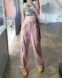 Women's Spring Summer Cargo Pants Elastic Waist Multiple Pockets Solid Vintage Fashion Tooling Style Straight Wide Leg