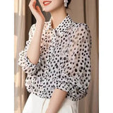 Retro Beautiful White Wave Dot Polo Collar Seven-Sleeved Shirt Women's Spring And Summer Yang With Meat Cover