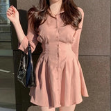 Solid Mini Dress Women Elegant Folds Slim A Line Shirts Dress Office Lady Korean Long Sleeve Simple Casual Vestidos