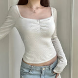 Solid Color Square Neck Lace Trim Bow TeeOutfit