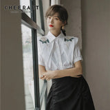 Embroidery Floral Double Collared Shirt Women Summer Short Sleeve White Office Blouse Button Up Korean Shirt