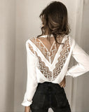 Women Chiffon V-Neck Blouse Summer Autumn Casual Long Sleeve Lace Solid Tops Loose Elegant Chic Bluses Shirts Plus