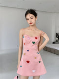 Pink Heart Patch Designer Slip Dress For Women 2022 Summer Fashion Sundress Backless A Line Mini Spaghetti Strap