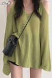Solid Casual Hollow Out Korean Long Sleeve Sweater Y2k Pullover Loose Off Shoulder Sueters Sunscreen Tops Knitted