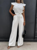 Waist Lace-up Belt Jumpsuit Women Commute Summer Office Overalls Fashion Flying Sleeve Female Solid Romper