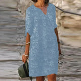 Solid Pullover Dresses Spring Cotton Linen Loose Medium Length Dress Retro Button Stand Collar Half Sleeve Commuter