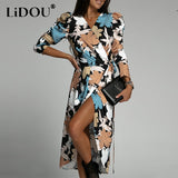 Autumn Vintage Floral Print V-neck Lace Up Dress Women Sexy Elegant Fashion Irregular High Slit Dresses Long Sleeve