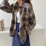 Plaid Shirt Women Vintage Harajuku Brown Top Oversize Long Sleeve Outerwear Button Up Blouse Basic Spring Jackets