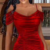 Women Solid Elegant Flannel Spaghetti Strap Short Sleeves Shirring Midi Formal Party Sexy