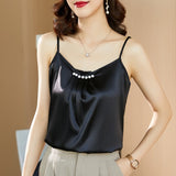 Silk Women Tops Satin Blouses for Women Beading Silk Blouse Top Woman Sleeveless Shirts Tops Fashion Woman Satin