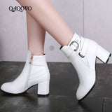 Women Boots Square High Heel Ankle Boots Fashion Pointed Toe Buckle Winter Zipper Boots Female Shoes Black White