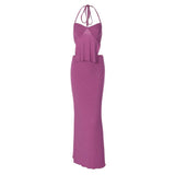 Y2K Fashion Sexy Backless Solid 2 Piece Co-ord Suits 90s Vintage Lace-Up Lettuce Trim Halter Tops and Maxi Skirt