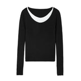 New Autumn Winter Korean Style Knitted Sweater Chic Sexy Women Fake Two Pieces V-Neck Long Sleeve