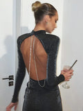 2022 Autumn New O Neck Full Sleeve Dress For Women Robe Fashion Black Backless Diamond Chain Party Mini Dress