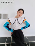 Spring 2022 Womens Fashion White Sailor Collar Shirt Aestheic Patchwork Knitted Long Sleeve Designer Top Korean