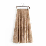 Queens Women Beach Bohemian Leopard Print Fold Design Skirts High Elastic A-Line Boho Maxi Skirt