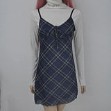 E-Girl 90s Spaghetti Strap Bandage Front Ruffles Plaid Dresses Vintage Mesh V-neck Backless A-line Mini Dress