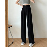 Thin Women Wide Leg Pants Summer High Waist Elastic Office Lady Loose Trousers Vintage Korean Solid Straight Pants