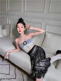 Vintage Black Lace Long Midi Skirts For Women High Waist See Through A Line Bodycon Ladies Skirt High Fashion