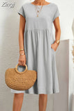 Neck Elegant Simple Short Sleeve Dress Summer Fashion Casual Dress for Women Cotton Linen Dresses 2023 Office Lady Robe