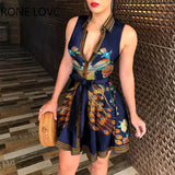 Women Print Tie Waist Sleeveless Shirt Dress Miini Dress Elegant Fashion Chic