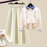Knitted Two Piece Set Womens Outfits Korean Casual Turn Down Collar Long Sleeve Embroidery Knitted Sweater+skirts
