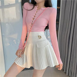 Pleated Skirts Women High Waist Mini Skirt Metal Letter D Design A-Line Clubwear Korean Sexy Streetwear Show Solid