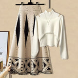 Warm Knitwears Two Piece Set For Women Outfit Korean Off The Shoulder Knitted Sweater+high Waist Patchwork Skirt Set