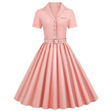Pink Printed Fit And Flare Dresses Elegant Pinup Women Short Sleeve Knee-Length Solid 50s Office OL Rockabilly